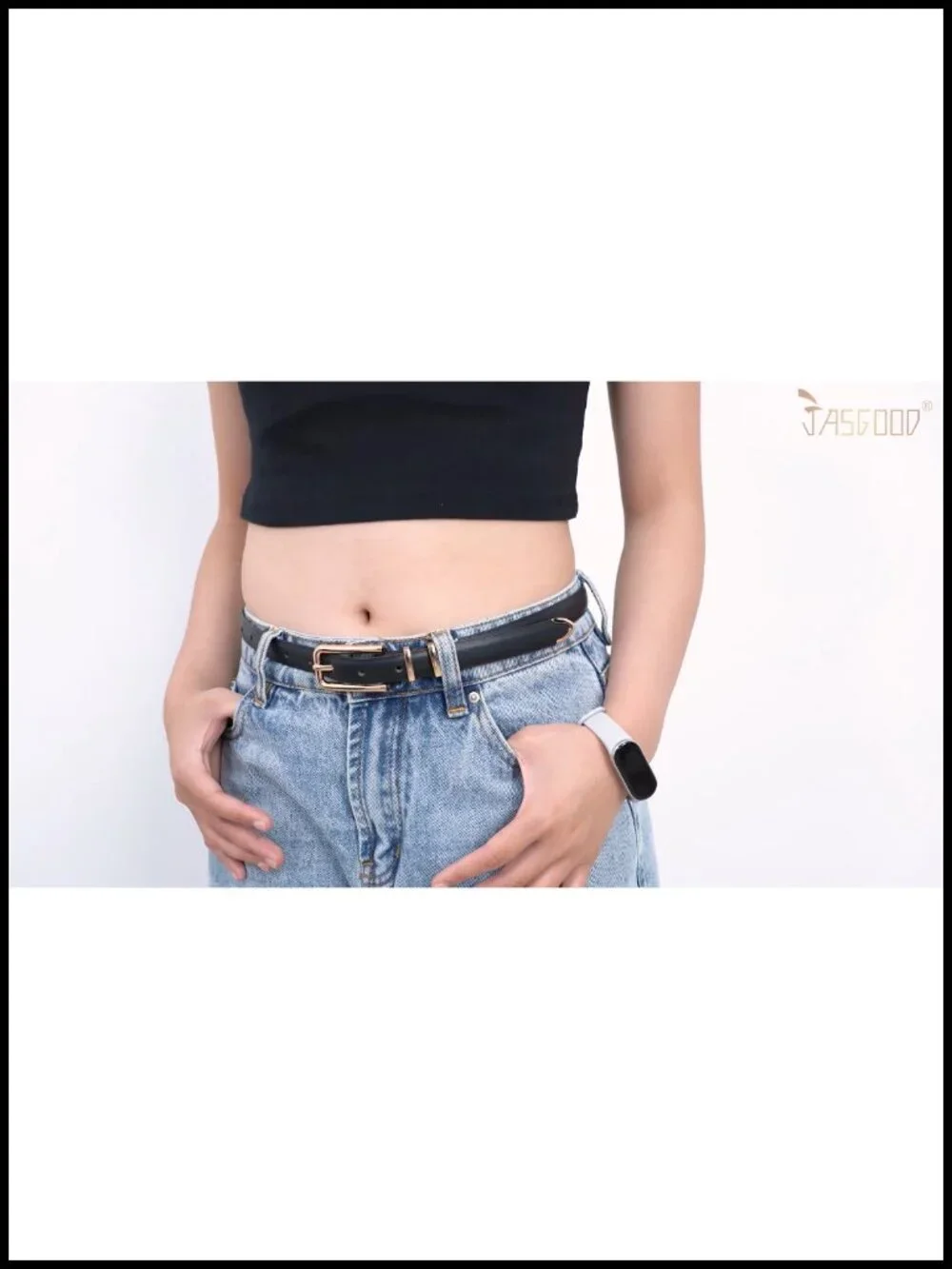 Women's Skinny PU Leather Belt with Gold Buckle - 0.7